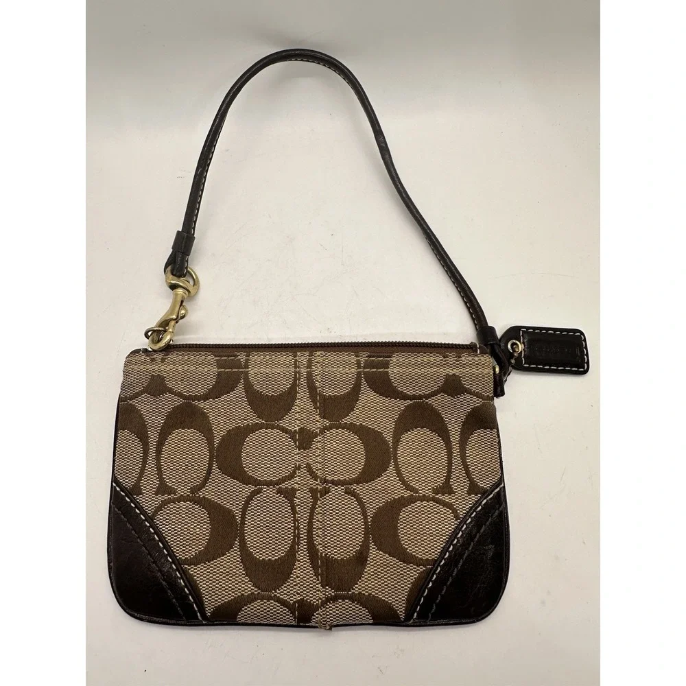 Coach Signature Jacquard Wristlet Brown Khaki Small Zip Pouch EUC